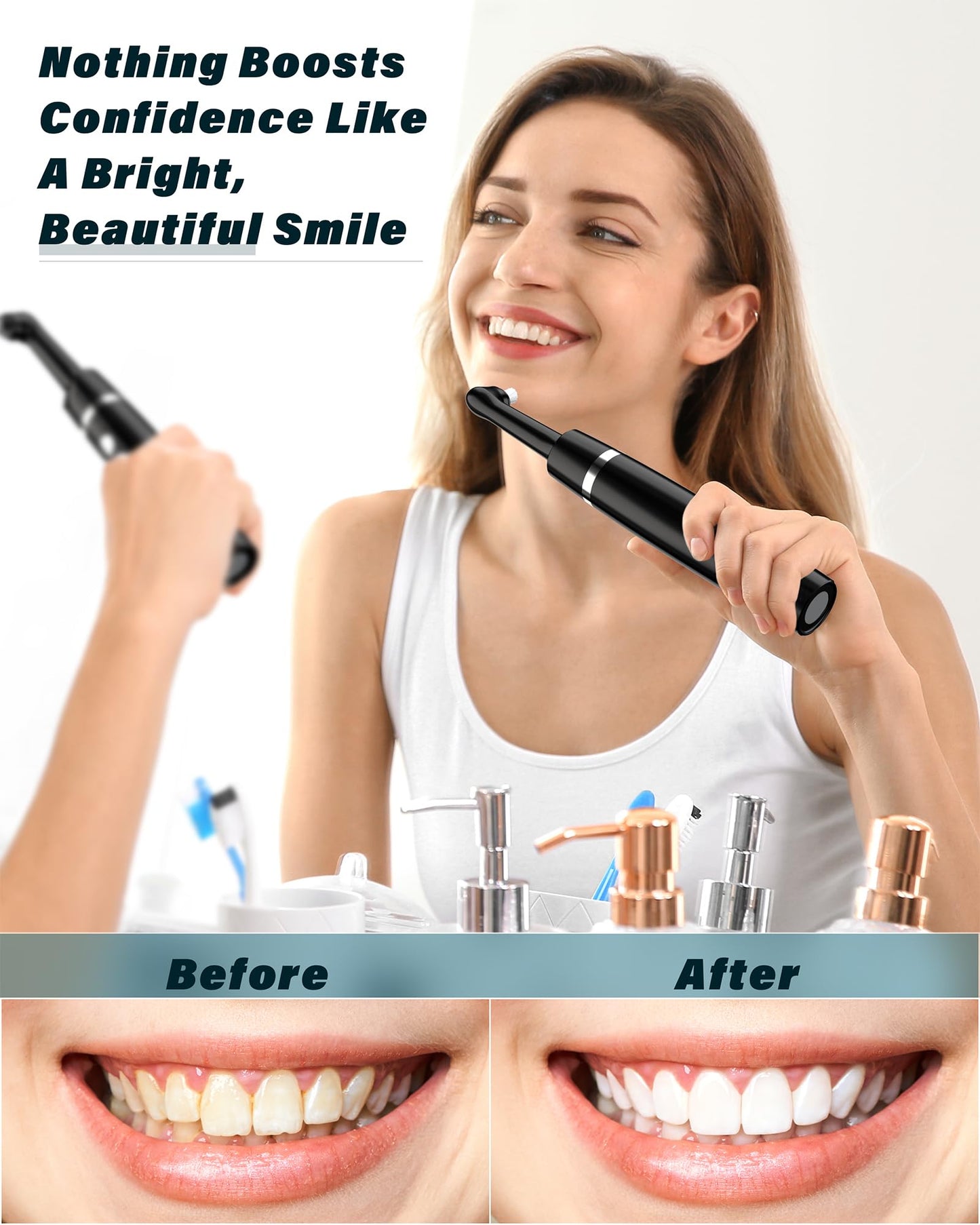 Tooth Polisher Rechargeable Whitening Kit - 3 Pastes, 5 Heads, LED Light (Black)