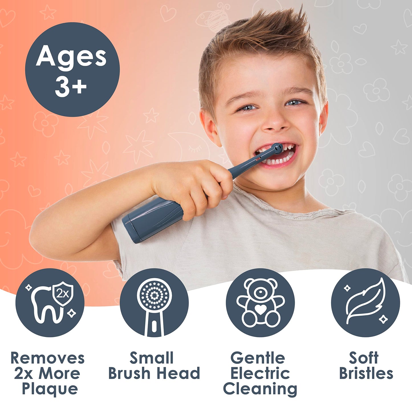 Brusheez Kids Electric Toothbrush Set - Safe for Ages 3+ | 2 Heads, Timer, Storage (Shadow The Shark)