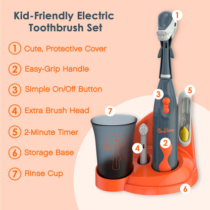 Brusheez Kids Electric Toothbrush Set - Safe for Ages 3+ | 2 Heads, Timer, Storage (Shadow The Shark)
