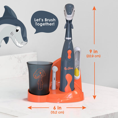 Brusheez Kids Electric Toothbrush Set - Safe for Ages 3+ | 2 Heads, Timer, Storage (Shadow The Shark)