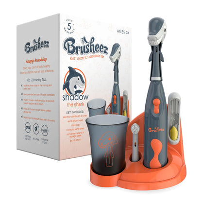 Brusheez Kids Electric Toothbrush Set - Safe for Ages 3+ | 2 Heads, Timer, Storage (Shadow The Shark)