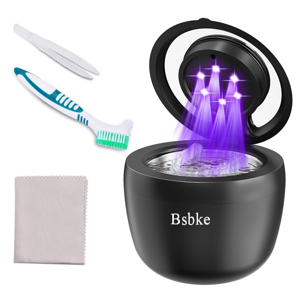 Bsbke Ultrasonic Retainer Cleaner 45kHz – 6 UV Lights, 200ml Capacity, Black