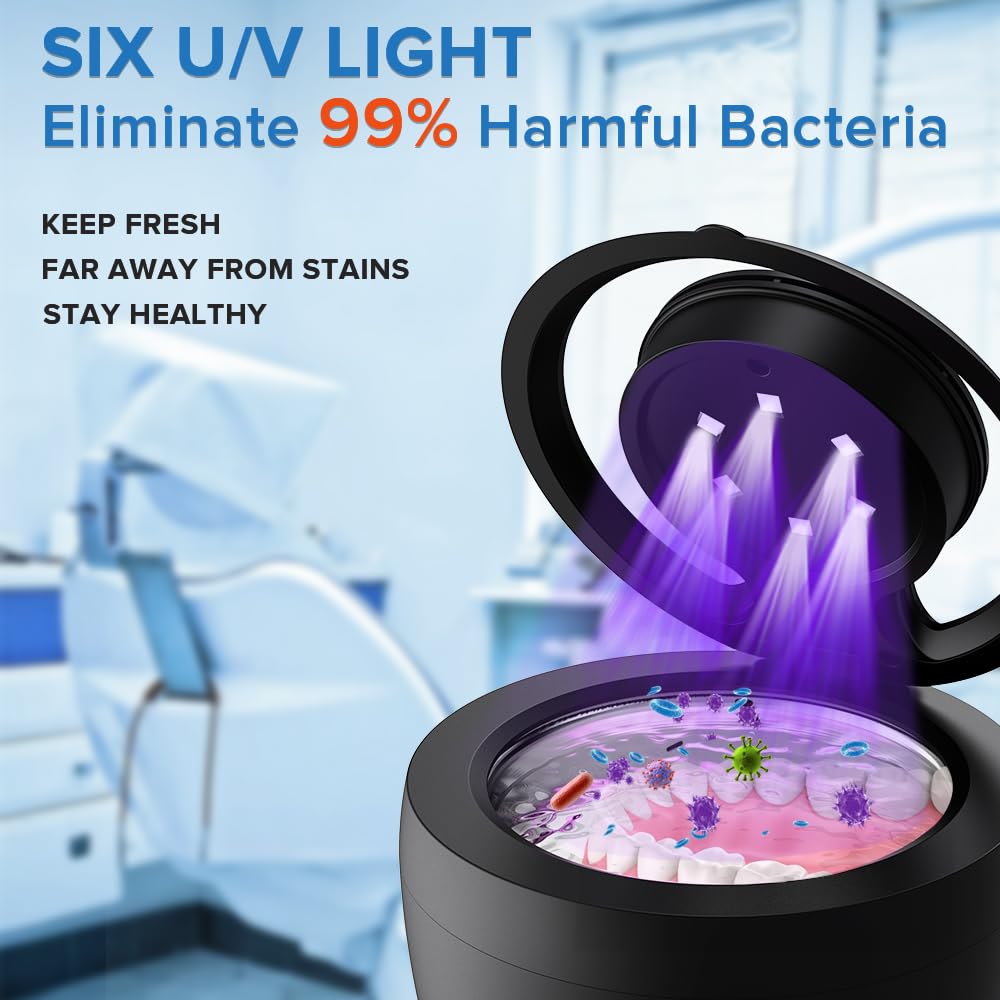 Bsbke Ultrasonic Retainer Cleaner 45kHz – 6 UV Lights, 200ml Capacity, Black