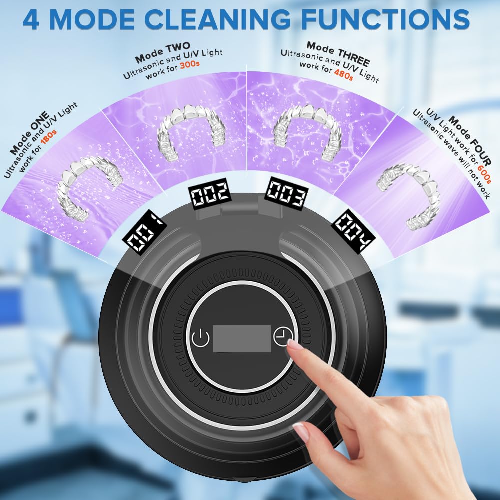 Bsbke Ultrasonic Retainer Cleaner 45kHz – 6 UV Lights, 200ml Capacity, Black