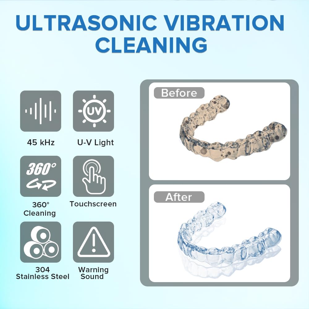 Bsbke Ultrasonic Retainer Cleaner 45kHz – 6 UV Lights, 200ml, White