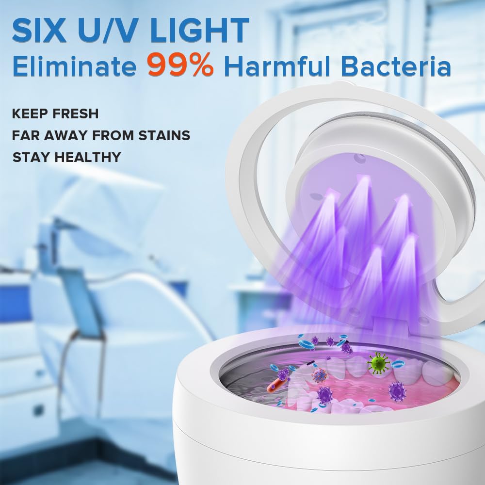Bsbke Ultrasonic Retainer Cleaner 45kHz – 6 UV Lights, 200ml, White