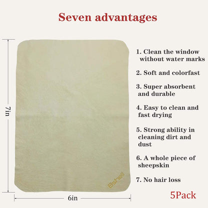 BSHELL Chamois Cloth 7x6 in (Pack of 5) - Natural Leather Cleaning Cloths for Glasses, Jewelry, Cameras