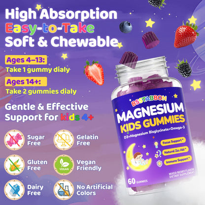 BSSTABBON Kid's Magnesium Glycinate Gummies – Melatonin-Free, L-Theanine, B6 D3, Omega-3 (120 ct)