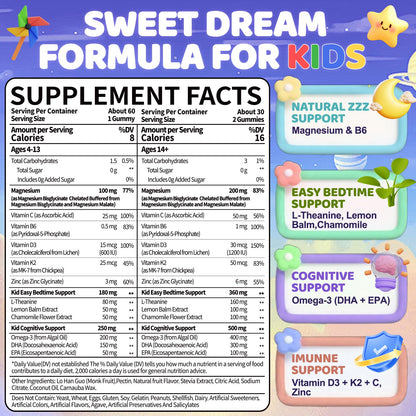 BSSTABBON Kid's Magnesium Glycinate Gummies – Melatonin-Free, L-Theanine, B6 D3, Omega-3 (120 ct)