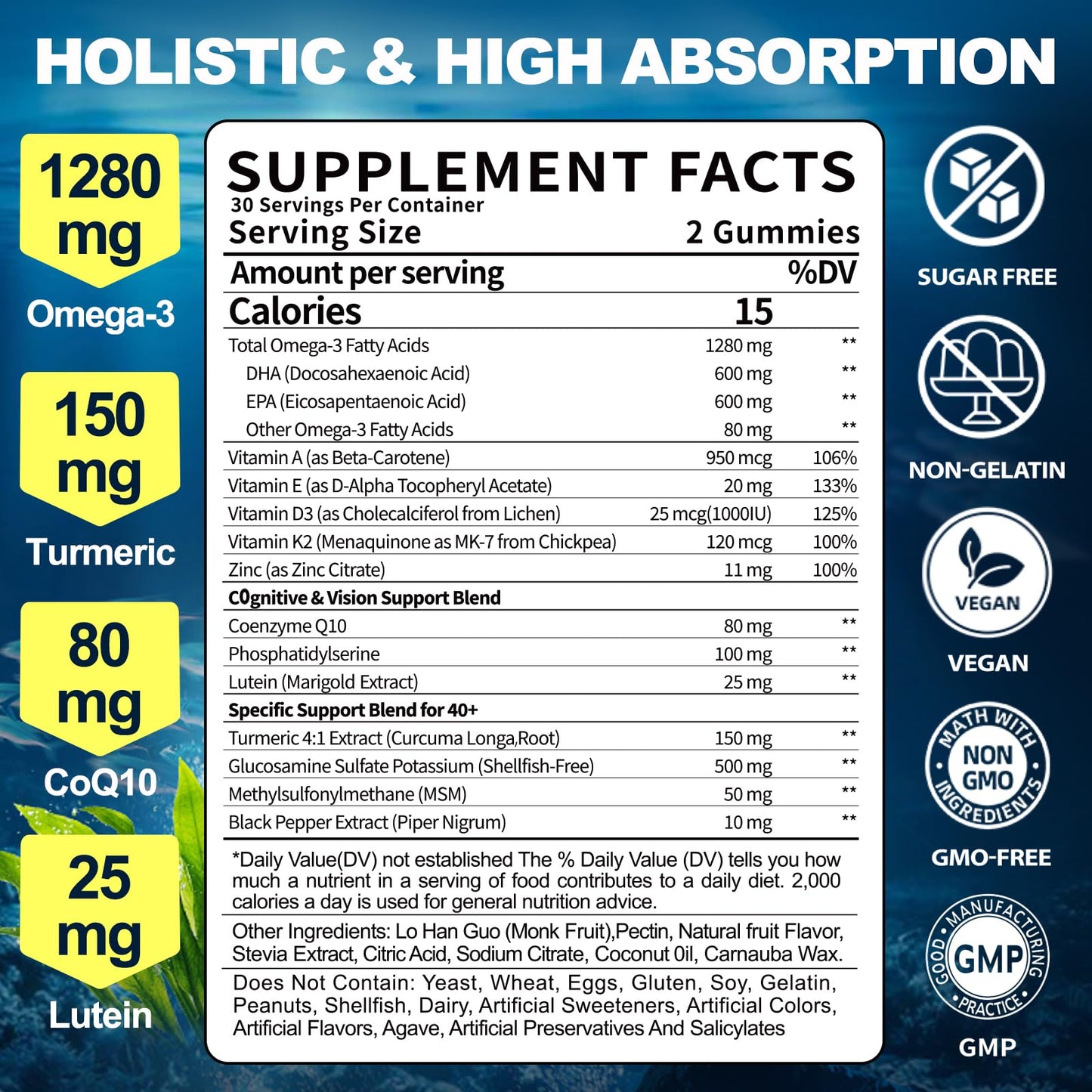 BSSTABBON Omega-3 Gummies for Adults 40+ – 1280mg Vegan EPA/DHA + D3 K2 Zinc Turmeric, 120 Count