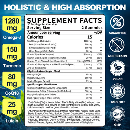 BSSTABBON Omega-3 Gummies for Adults 40+ – 1280mg Vegan EPA/DHA + D3 K2 Zinc Turmeric, 120 Count