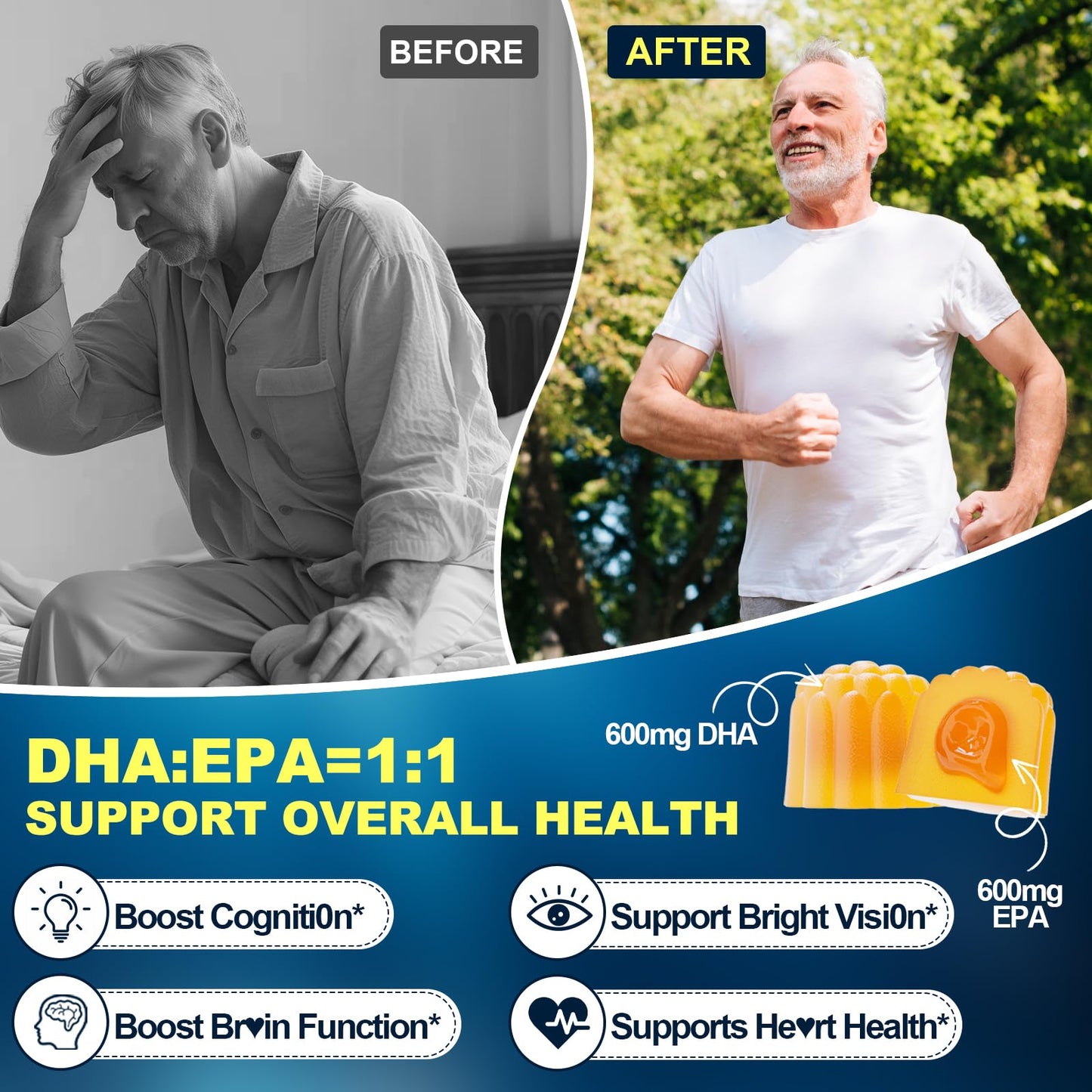 BSSTABBON Omega-3 Gummies for Adults 40+ – 1280mg Vegan EPA/DHA + D3 K2 Zinc Turmeric, 120 Count