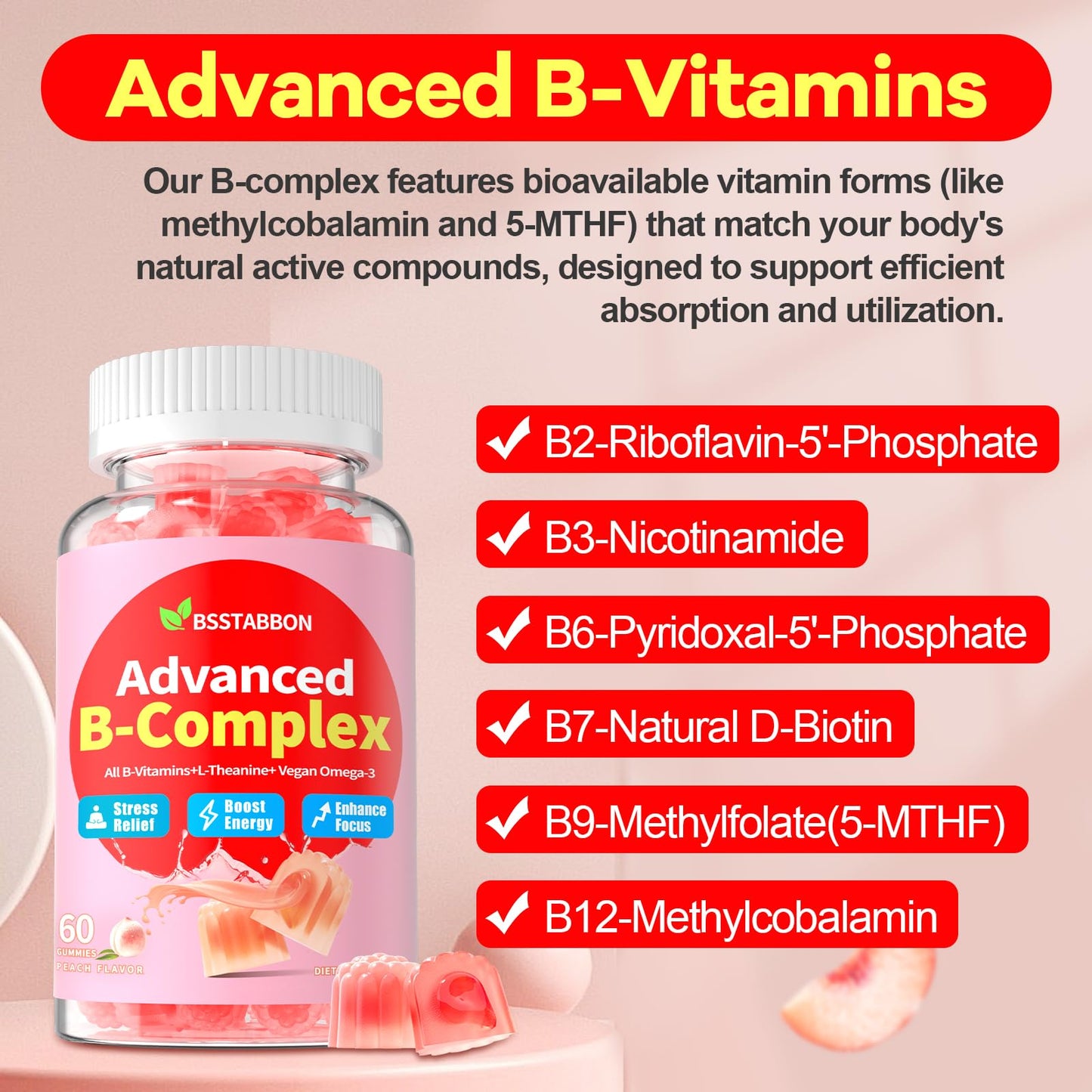 BSSTABBON Organic Methylated B Gummies – Energy Support (120 ct)