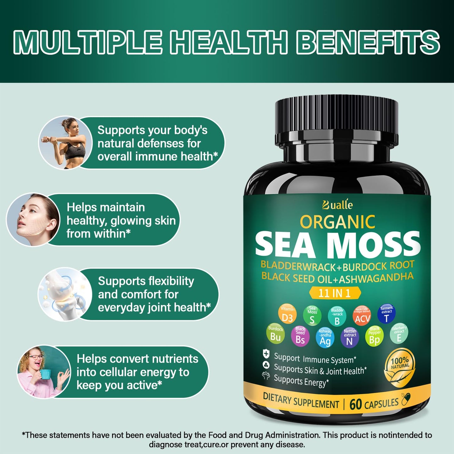 Bualle Organic Sea Moss Capsules with Black Seed Oil & Ashwagandha – 60 Capsules