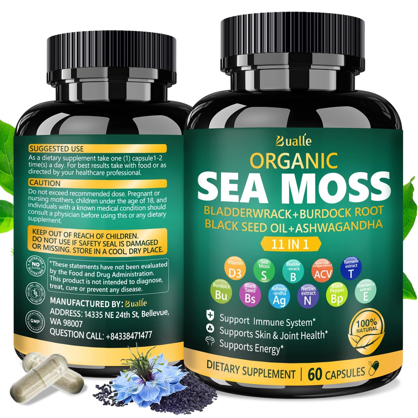 Bualle Organic Sea Moss Capsules with Black Seed Oil & Ashwagandha – 60 Capsules