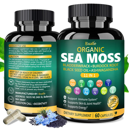 Bualle Organic Sea Moss Capsules with Black Seed Oil & Ashwagandha – 60 Capsules