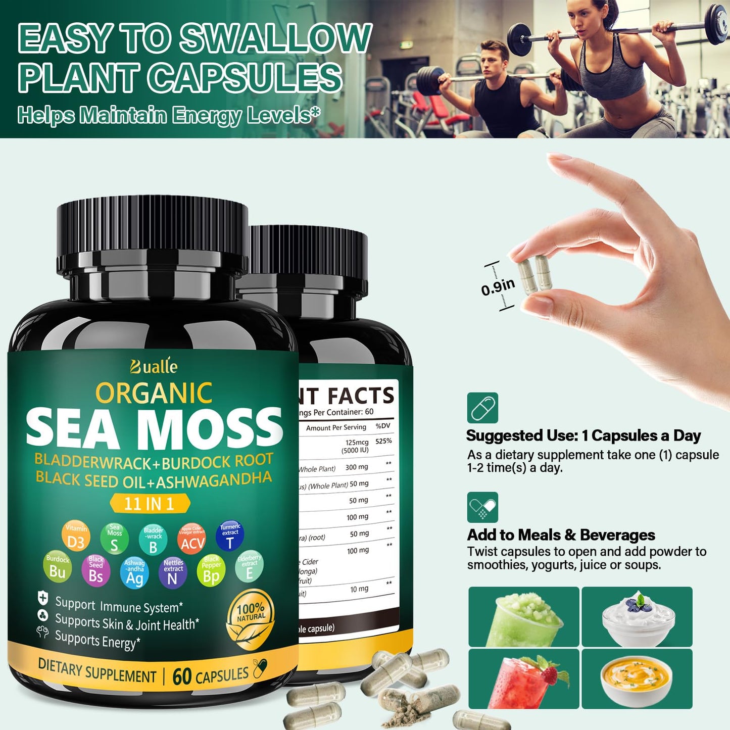 Bualle Organic Sea Moss Capsules with Black Seed Oil & Ashwagandha – 60 Capsules