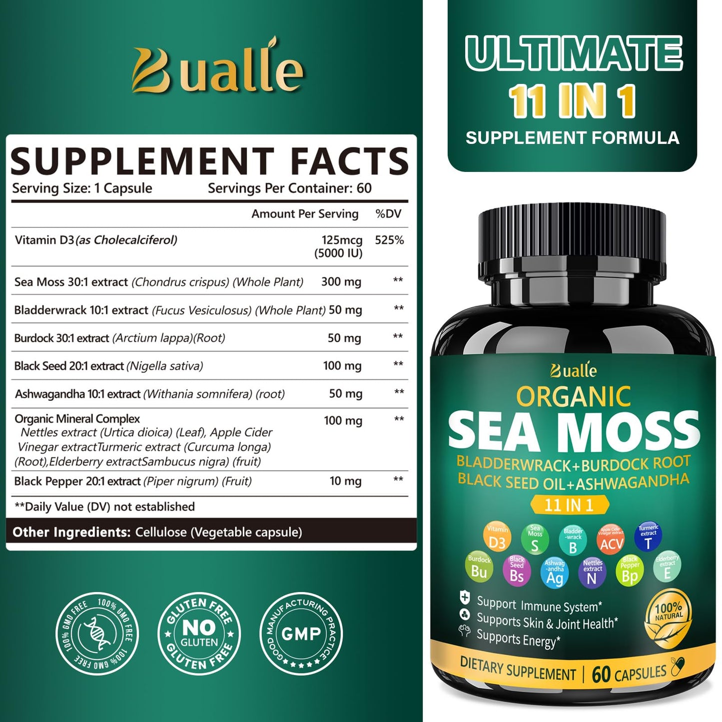 Bualle Organic Sea Moss Capsules with Black Seed Oil & Ashwagandha – 60 Capsules