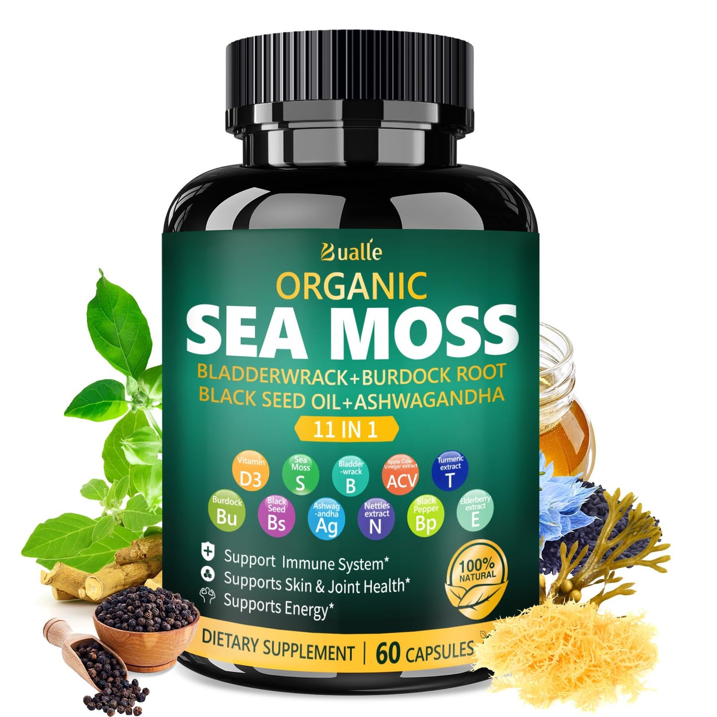 Bualle Organic Sea Moss Capsules with Black Seed Oil & Ashwagandha – 60 Capsules