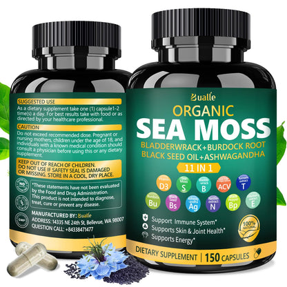 Bualle Irish Sea Moss Capsules – Organic Sea Moss & Black Seed Oil – 150 Capsules