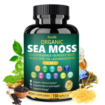 Bualle Irish Sea Moss Capsules – Organic Sea Moss & Black Seed Oil – 150 Capsules