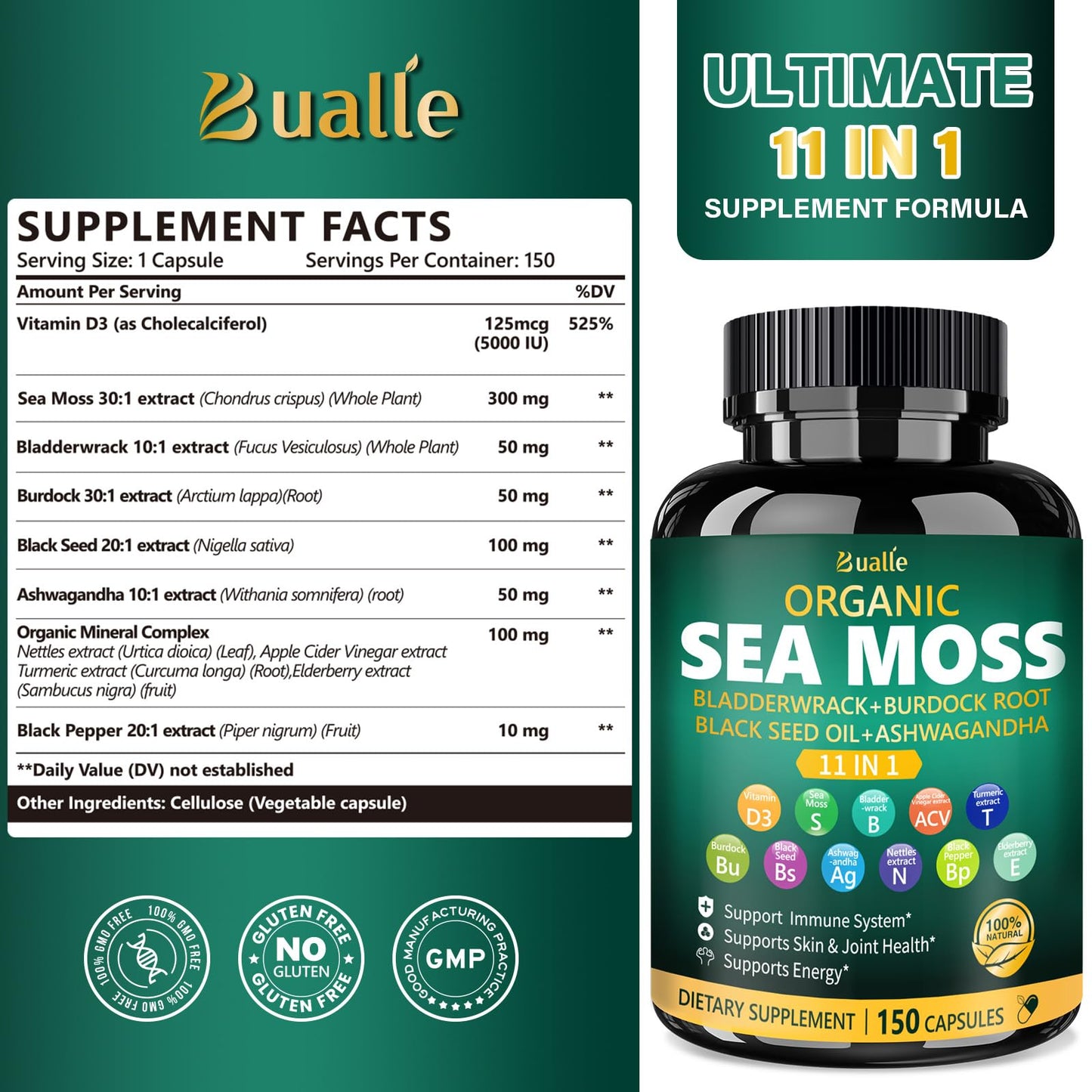 Bualle Irish Sea Moss Capsules – Organic Sea Moss & Black Seed Oil – 150 Capsules