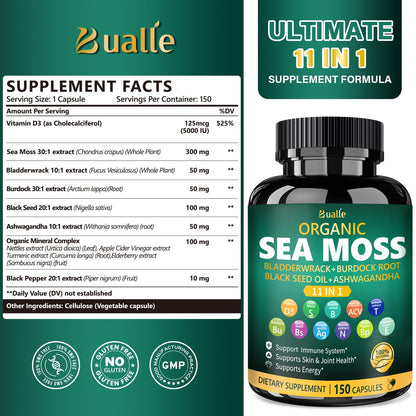 Bualle Irish Sea Moss Capsules – Organic Sea Moss & Black Seed Oil – 150 Capsules