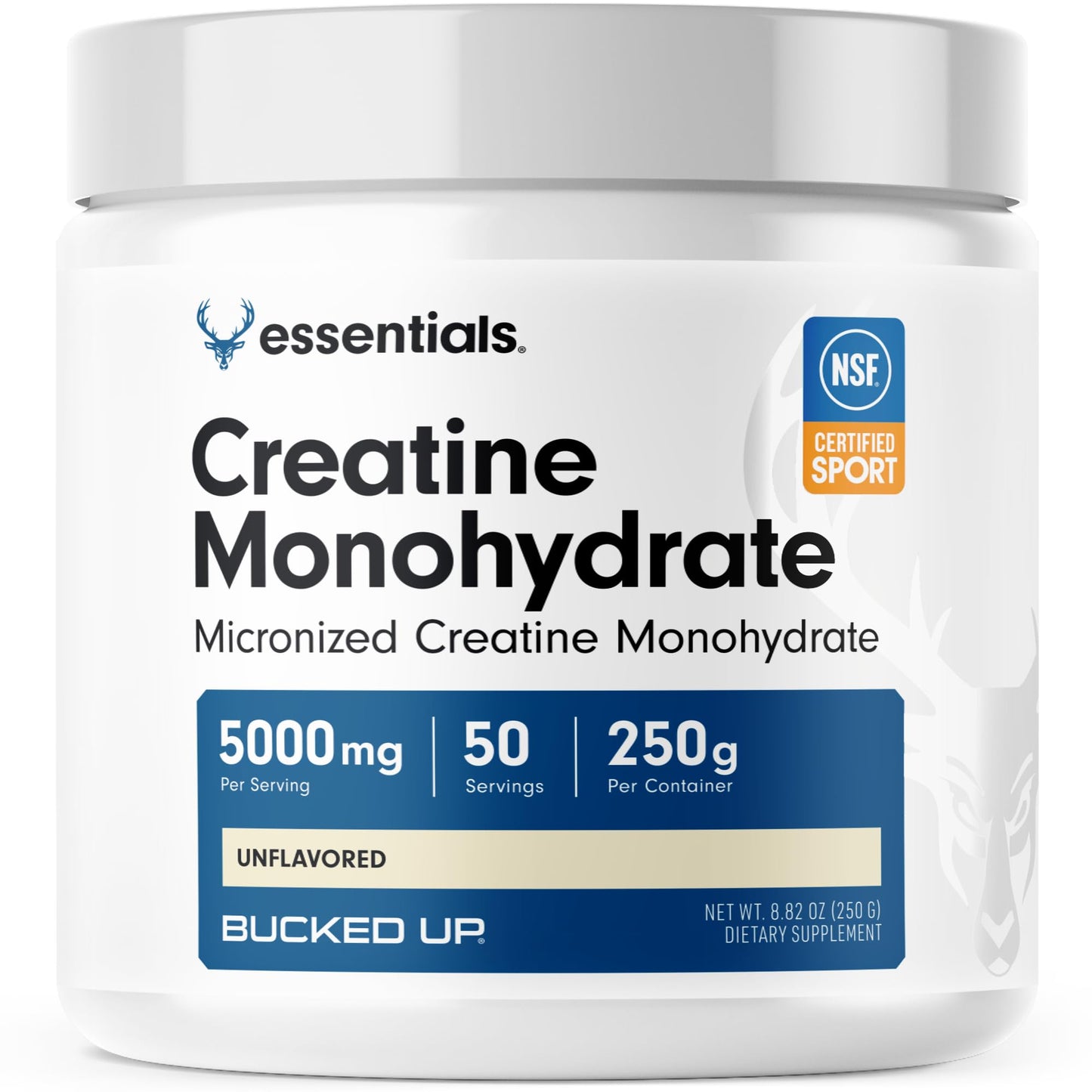 Bucked Up Pure Micronized Creatine Monohydrate – Unflavored, 5g per Serving, 50 Servings (250g)