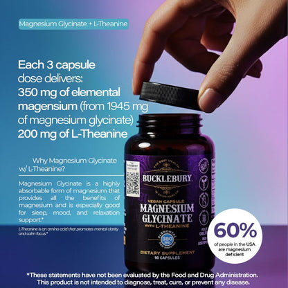 Bucklebury Magnesium Glycinate + L-Theanine 350mg - 90 Vegan Capsules