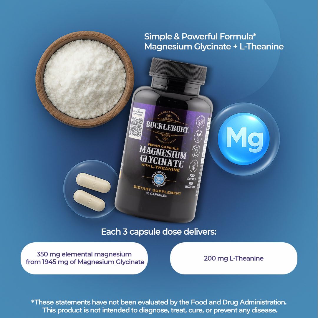 Bucklebury Magnesium Glycinate + L-Theanine 350mg - 90 Vegan Capsules