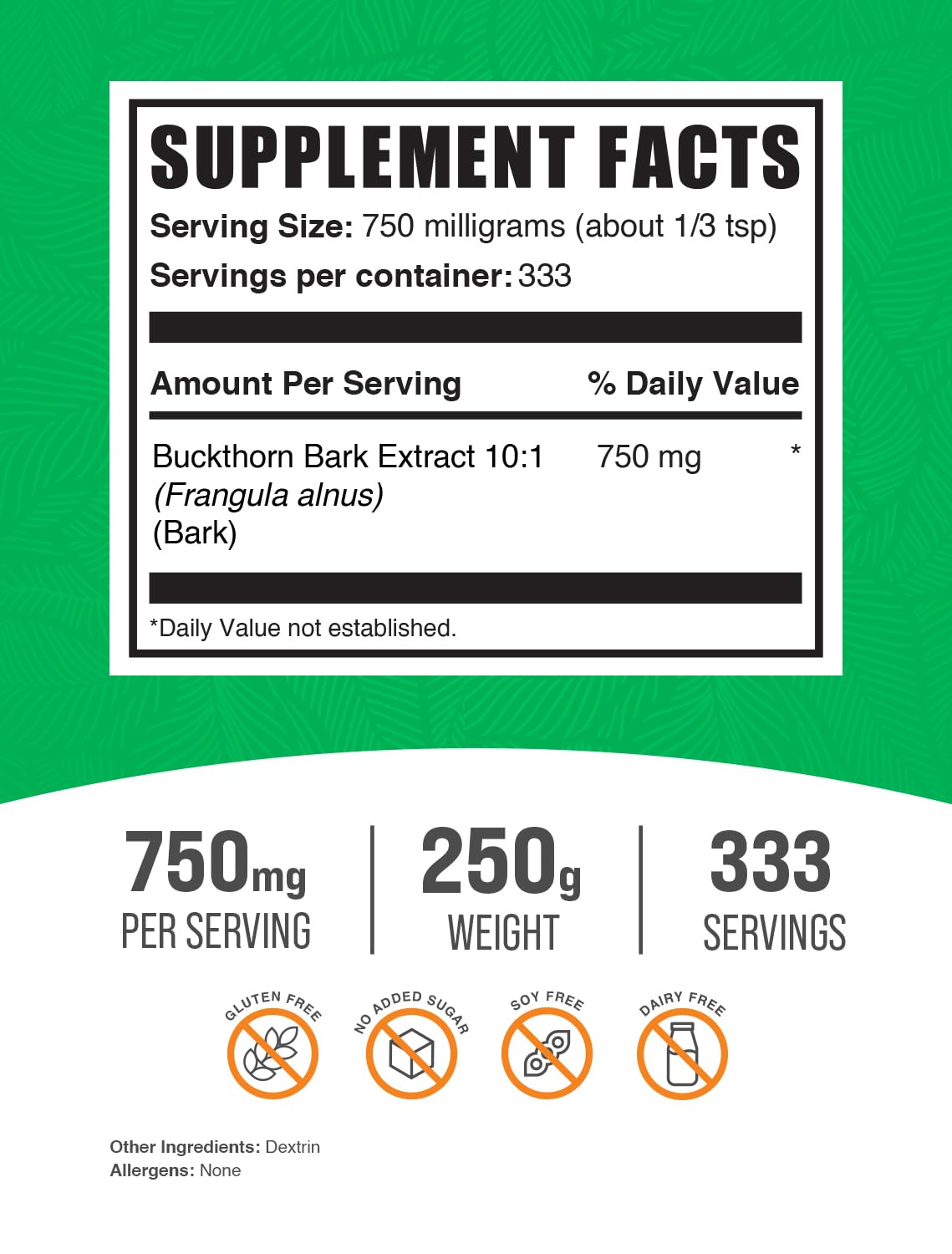 BulkSupplements Buckthorn Bark Extract Powder - 750mg per Serving, 250g | Vegan & Gluten Free