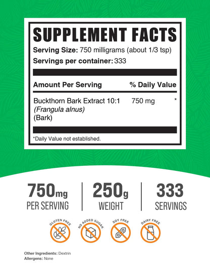 BulkSupplements Buckthorn Bark Extract Powder - 750mg per Serving, 250g | Vegan & Gluten Free