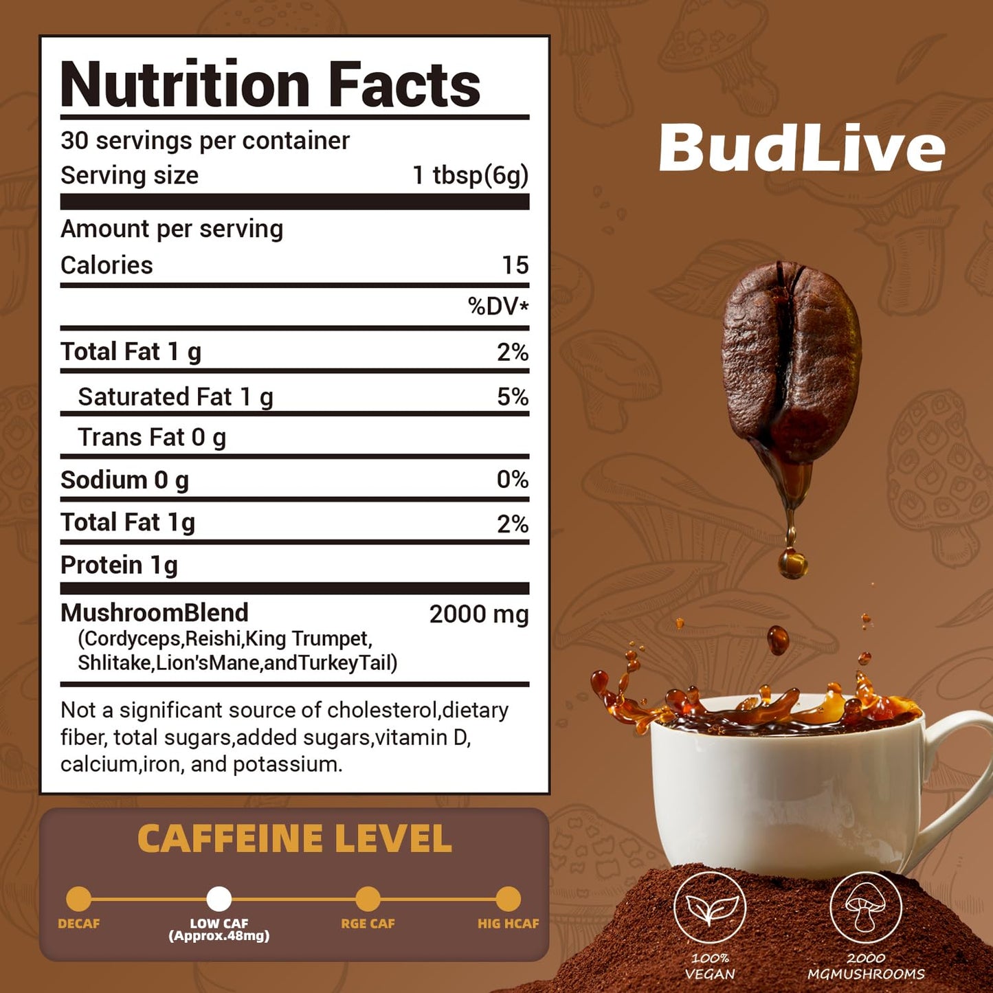 BudLive Mushroom Coffee – Lion's Mane, Reishi & Cordyceps (6-Mushroom Blend)