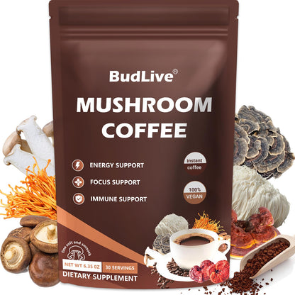 BudLive Mushroom Coffee – Lion's Mane, Reishi & Cordyceps (6-Mushroom Blend)