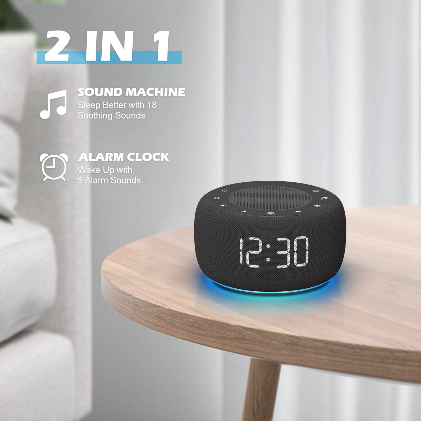 Buffbee Sound Machine & Alarm Clock 2-in-1 – 0-100% Brightness, 7-Color Light, 18 Sleep Sounds
