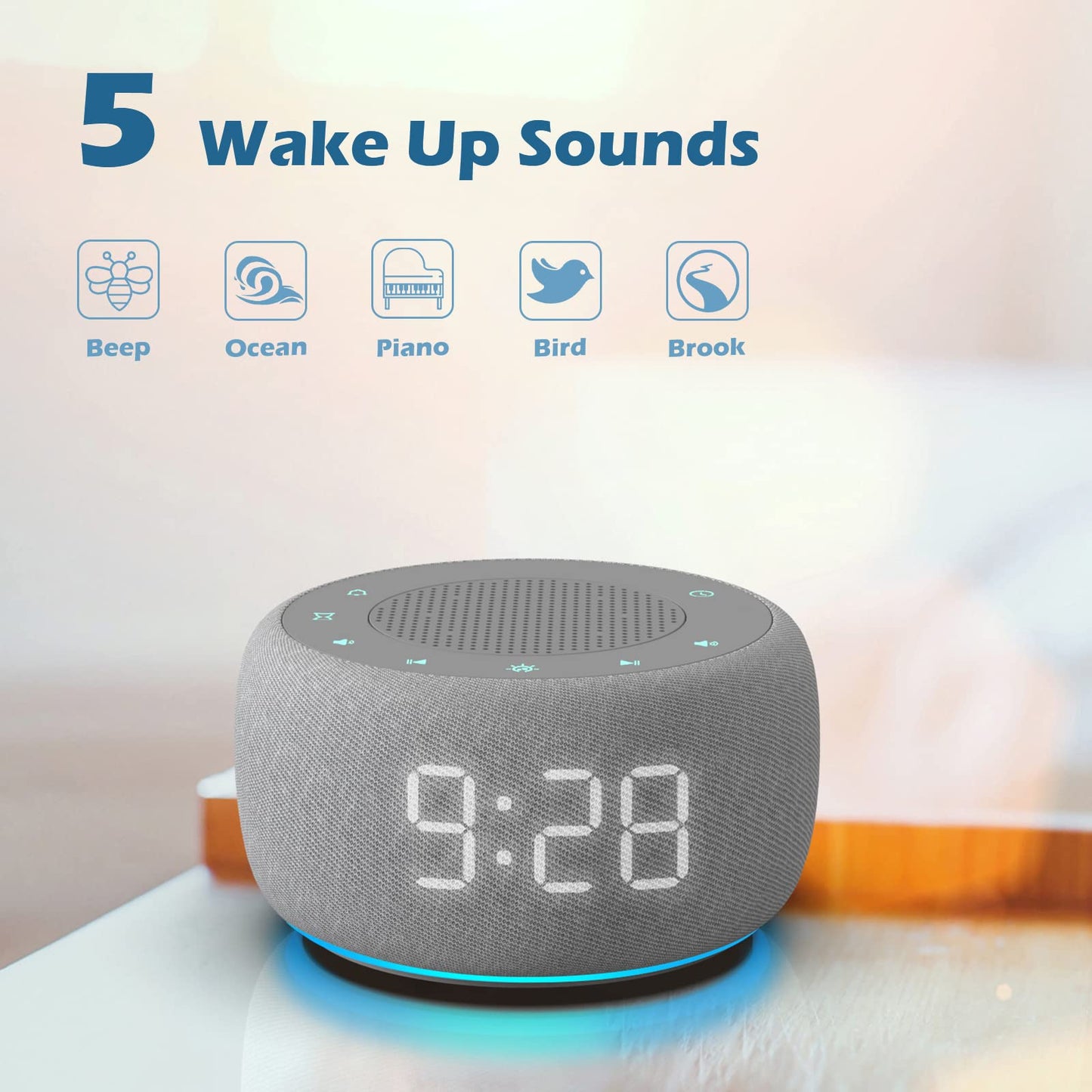 Buffbee 2-in-1 Sound Machine & Alarm Clock | 18 Soothing Sounds, 7 Night Lights, 30-Level Volume