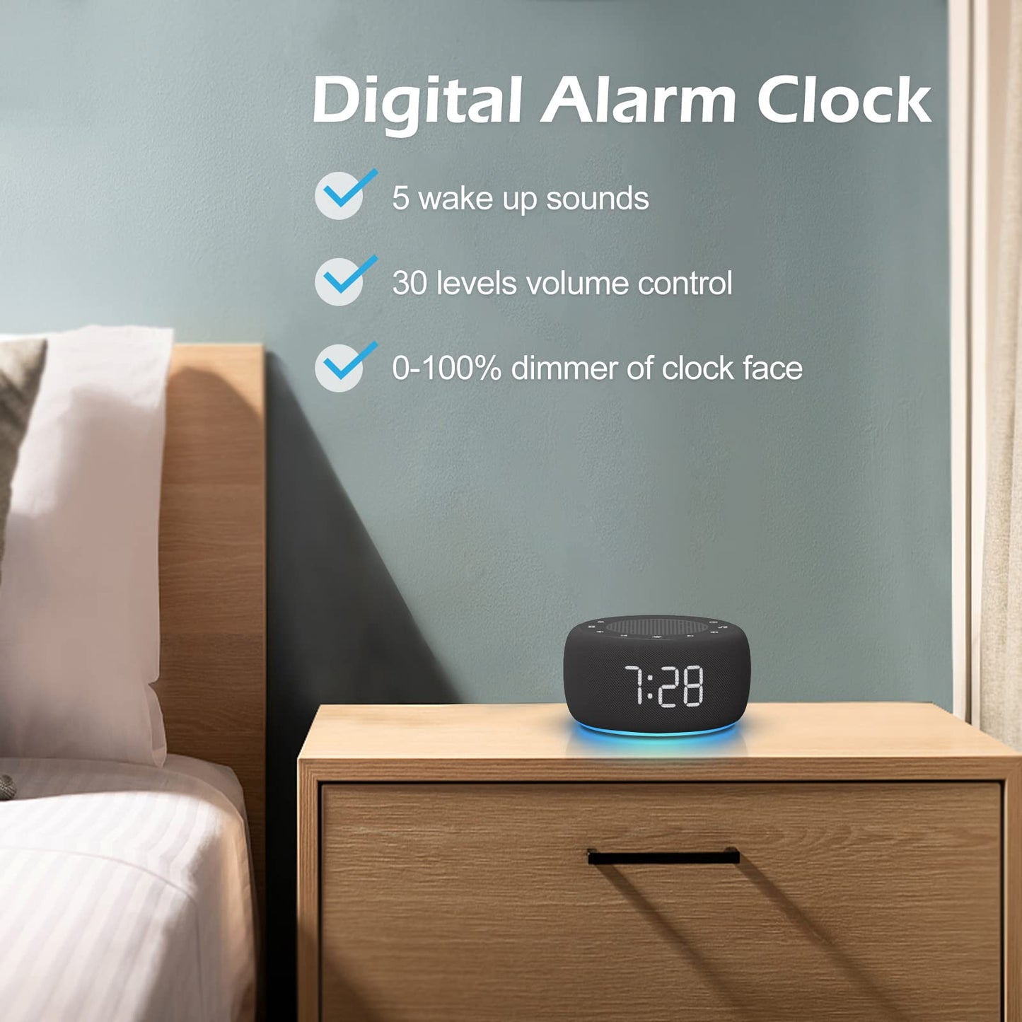 Buffbee Sound Machine & Alarm Clock 2-in-1 – 0-100% Brightness, 7-Color Light, 18 Sleep Sounds