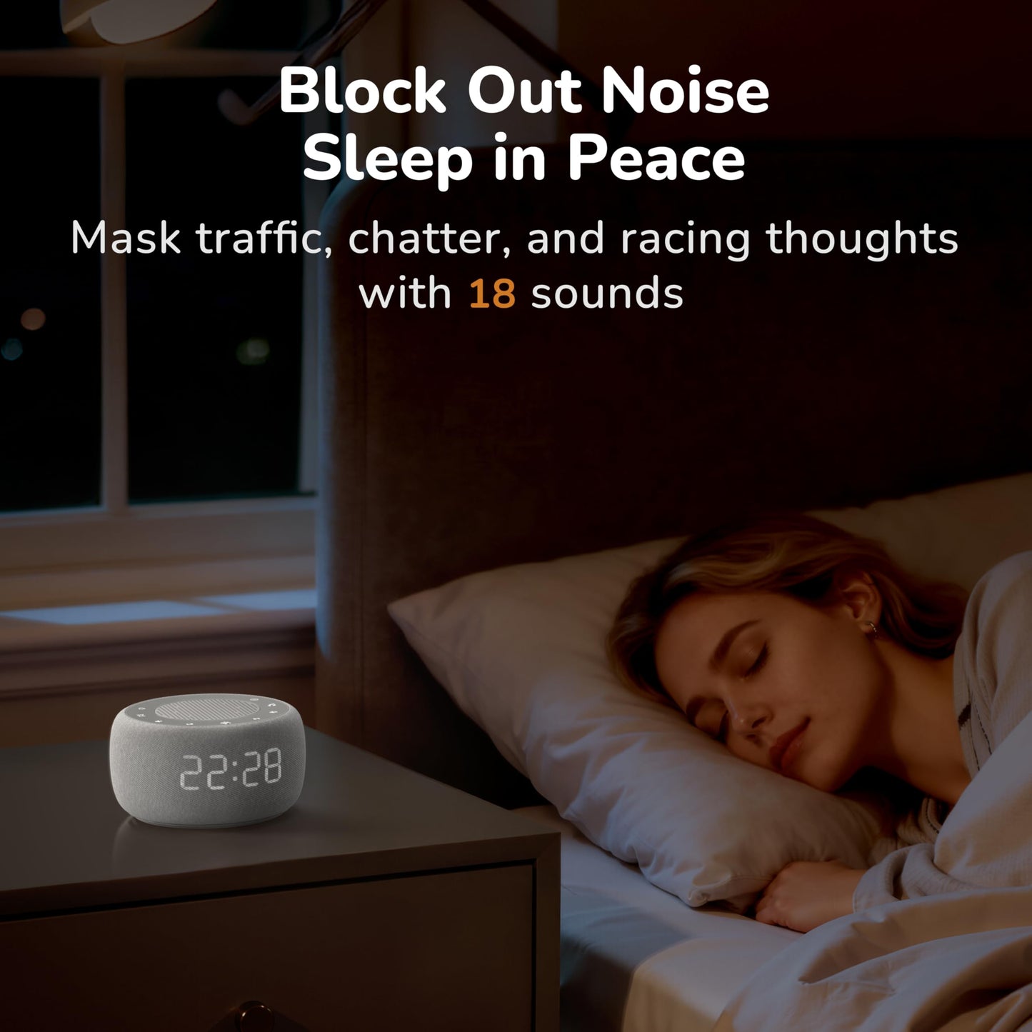 Buffbee 2-in-1 Sound Machine & Alarm Clock | 18 Soothing Sounds, 7 Night Lights, 30-Level Volume