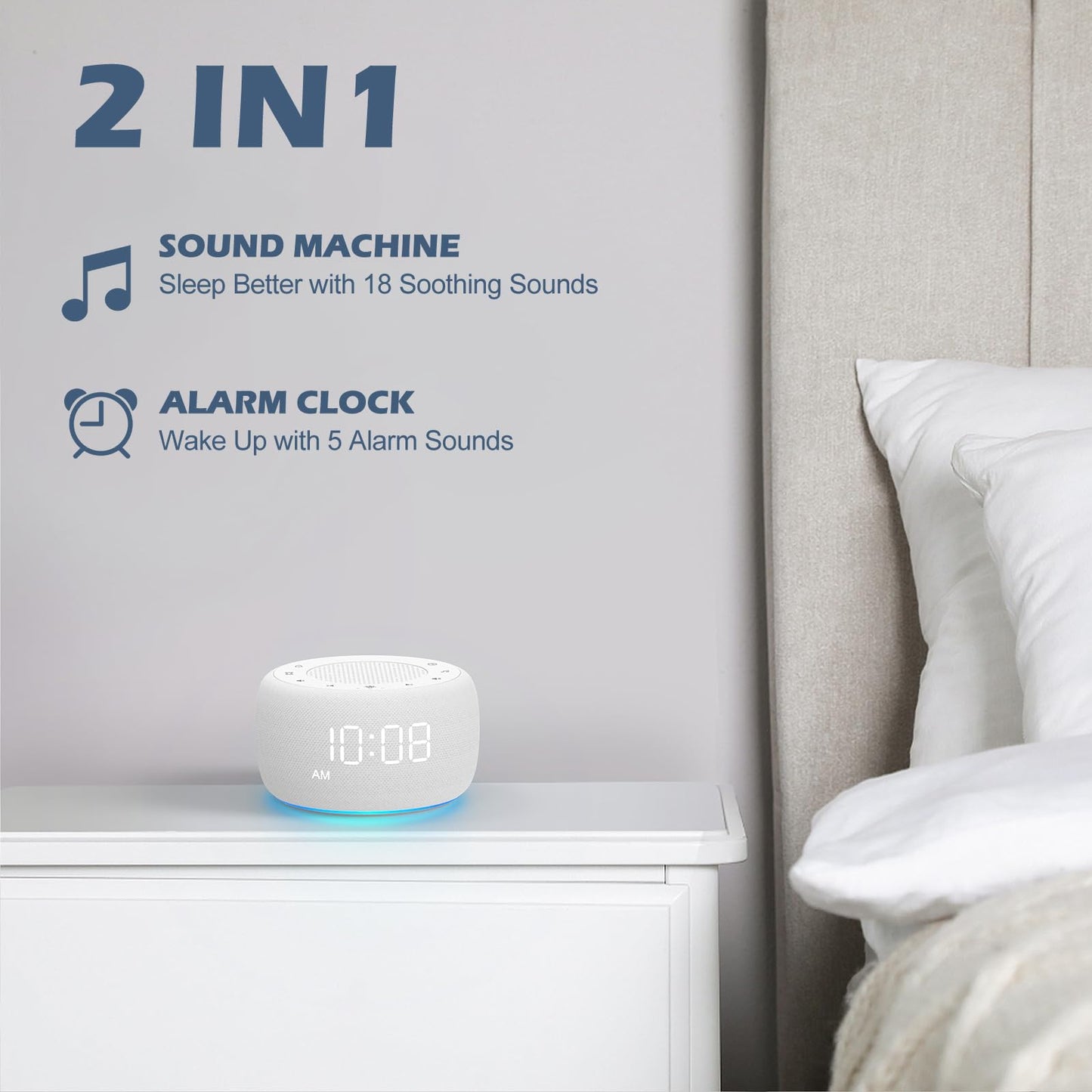 Buffbee Sound Machine & Alarm Clock 2-in-1 – 18 Sleep Sounds, 30-Level Volume, Adjustable Brightness