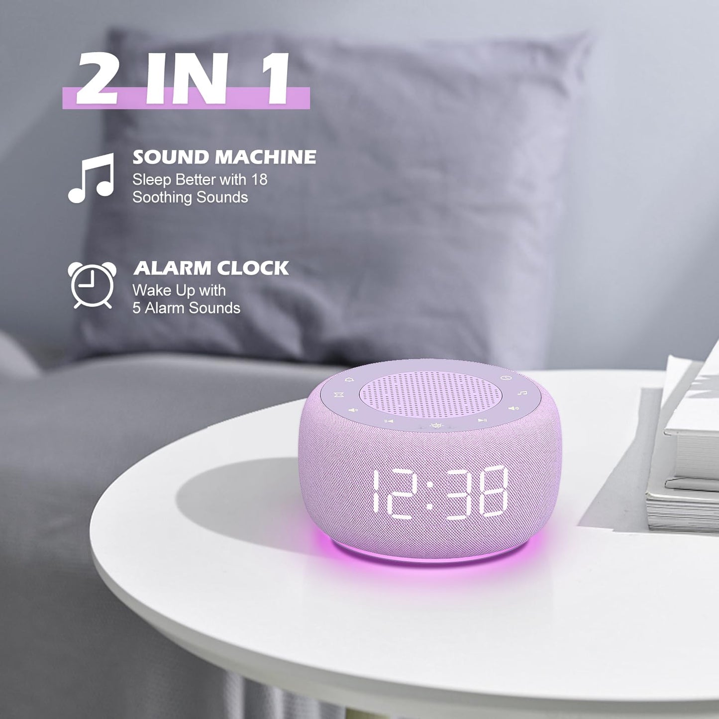 Buffbee 2-in-1 Sound Machine & Alarm Clock — Adjustable Brightness, 30-Level Volume, Purple