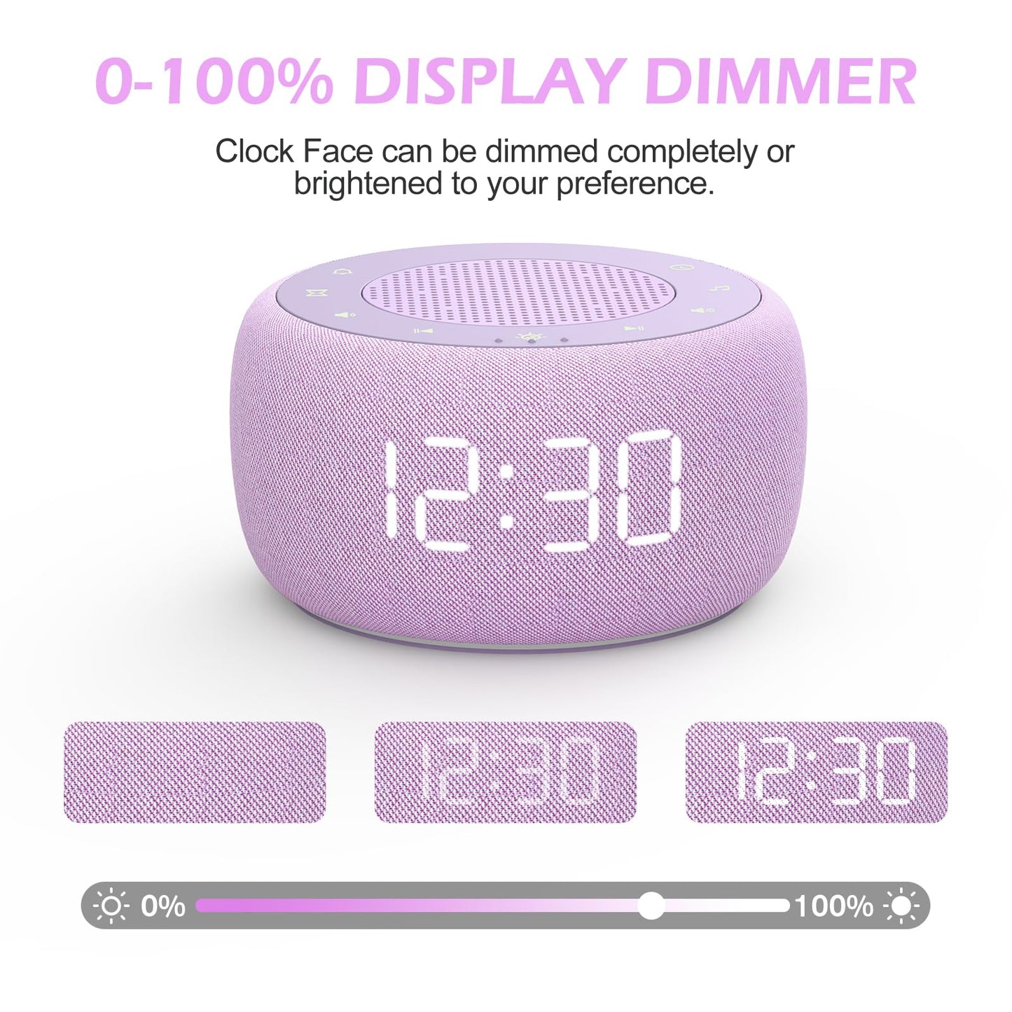 Buffbee 2-in-1 Sound Machine & Alarm Clock — Adjustable Brightness, 30-Level Volume, Purple