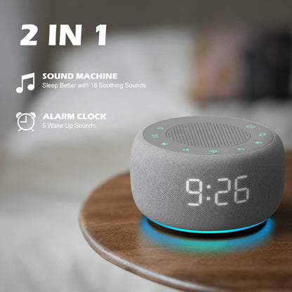 Buffbee 2-in-1 Sound Machine & Alarm Clock | 18 Soothing Sounds, 7 Night Lights, 30-Level Volume