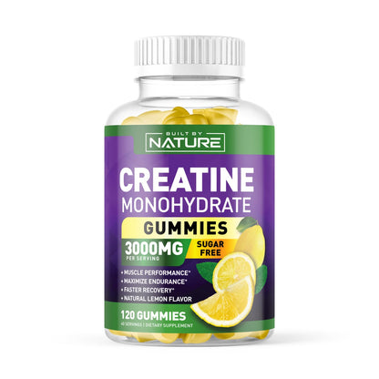 Built by Nature Sugar Free Creatine Monohydrate Gummies – 120 Gummies | Lemon Pre-Workout for Men & Women