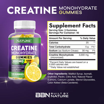 Built by Nature Sugar Free Creatine Monohydrate Gummies – 120 Gummies | Lemon Pre-Workout for Men & Women
