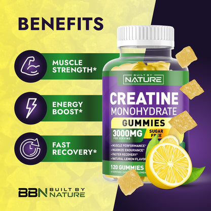 Built by Nature Sugar Free Creatine Monohydrate Gummies – 120 Gummies | Lemon Pre-Workout for Men & Women