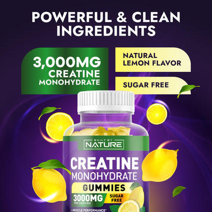 Built by Nature Sugar Free Creatine Monohydrate Gummies – 120 Gummies | Lemon Pre-Workout for Men & Women