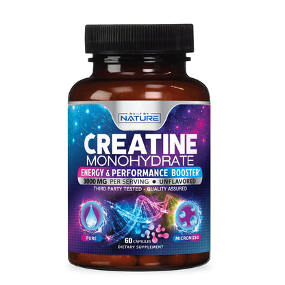 Built by Nature Creatine Monohydrate Pills - Micronized Creatine Supplement for Men & Women - Muscle Strength, Energy, Endurance, and Recovery - Gluten-Free, Vegan, Non-GMO - 60 Capsules
