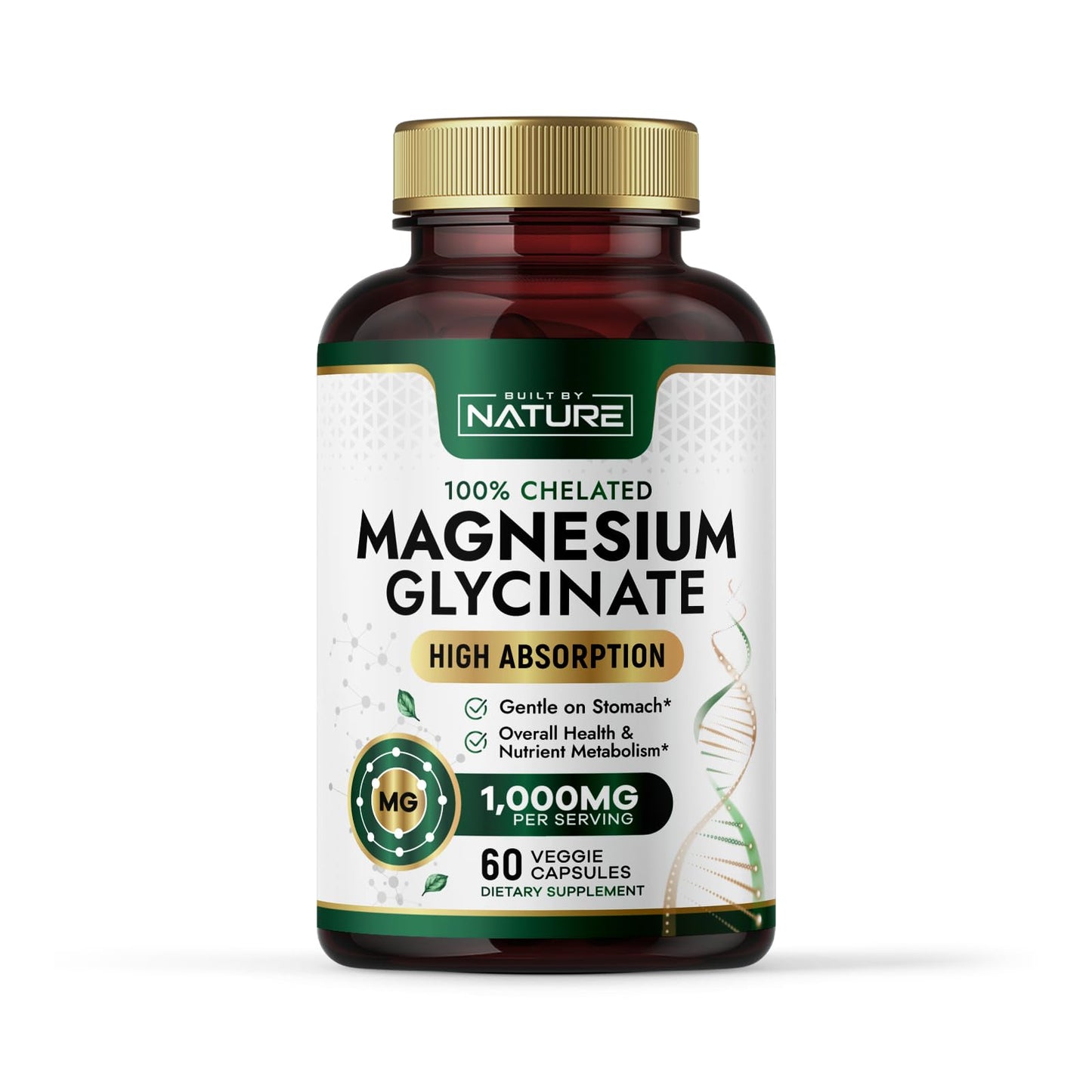 Built By Nature Magnesium Glycinate 1000mg – High Absorption, 100% Chelated, Gentle on Stomach | 60 Capsules