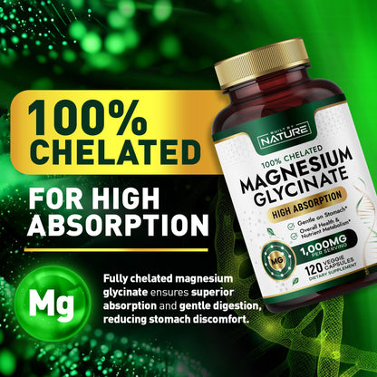 Built By Nature Magnesium Glycinate 1000mg – High Absorption Magnesium Glycinate – 100% Chelated, Gentle on Stomach - 120 Capsules