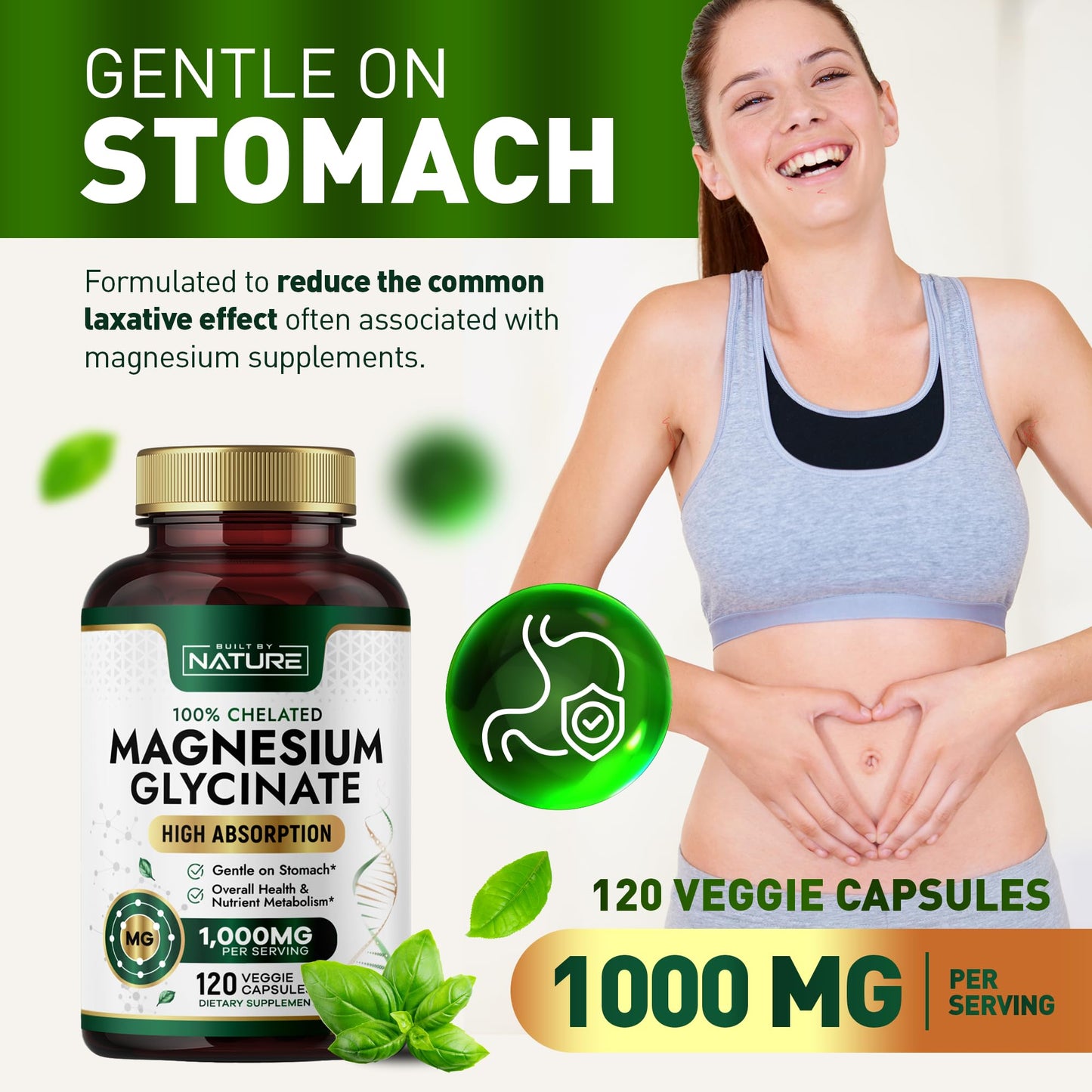 Built By Nature Magnesium Glycinate 1000mg – High Absorption Magnesium Glycinate – 100% Chelated, Gentle on Stomach - 120 Capsules